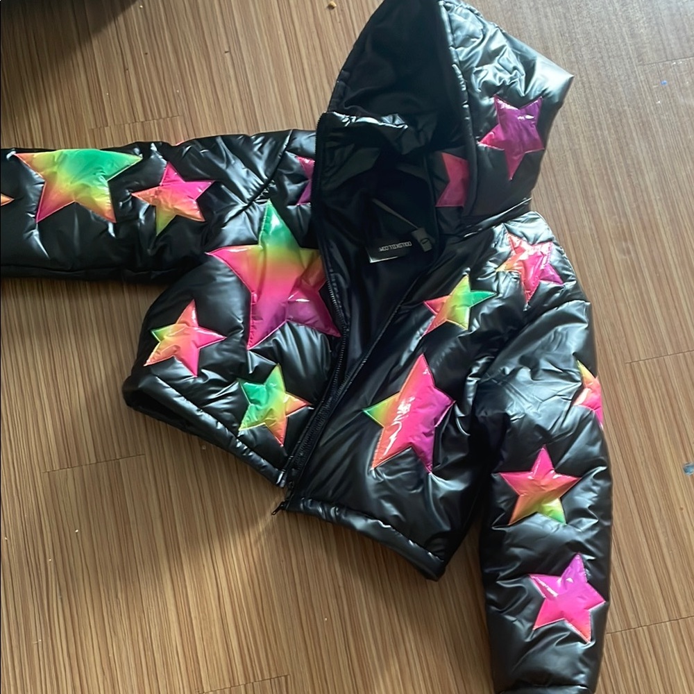 Black and Pink Star Puffer Jacket with Hood